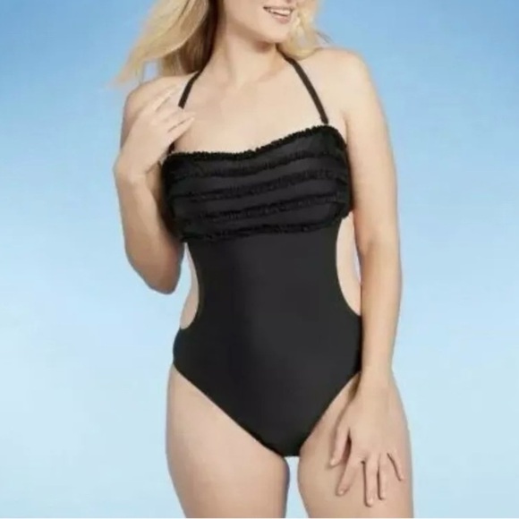 Shade & Shore Ruffle Front Size Monokini One Piece Swimsuit Black Size S NWT - Picture 1 of 12